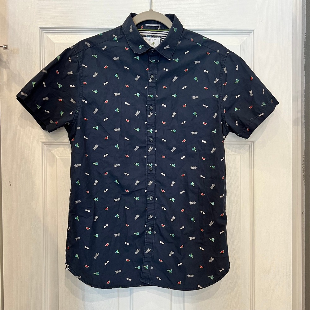 Denim & Flower Shirt Cotton Navy Tropical Fruit Palm Tree Sunglasses Mens Small